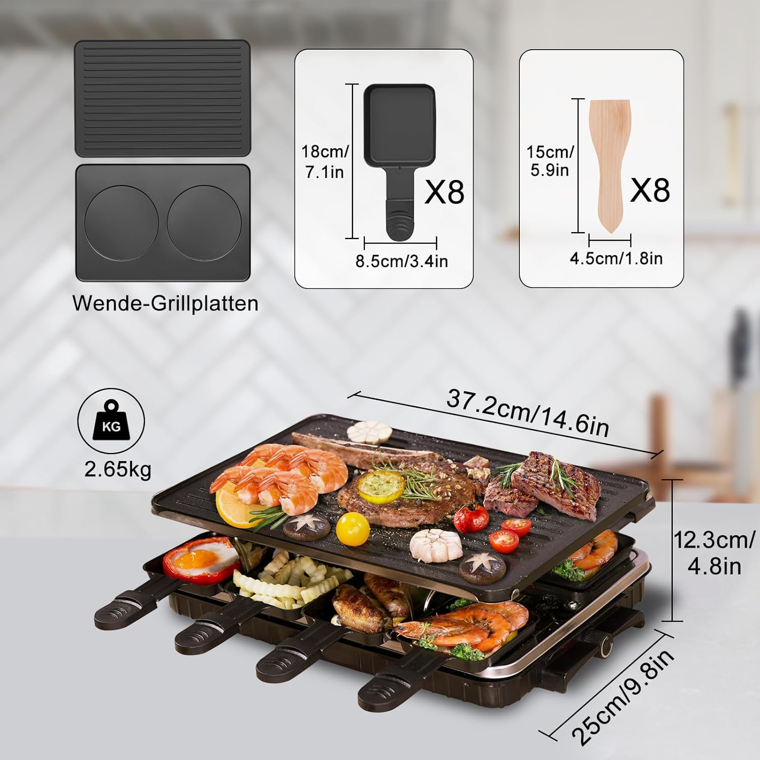 2-en-1 Appareil a Raclette 8 Personnes Machine a Raclette Anti-adhésif Plaque de Cuisson Bilatéral Appareil Raclette Surface de cuisson 44 x 30 cm 1300W Poêle à griller réversible 44 x 30 x 16