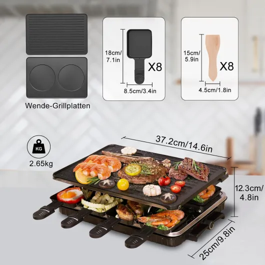 2-en-1 Appareil a Raclette 8 Personnes Machine a Raclette Anti-adhésif Plaque de Cuisson Bilatéral Appareil Raclette Surface de cuisson 44 x 30 cm 1300W Poêle à griller réversible 44 x 30 x 16
