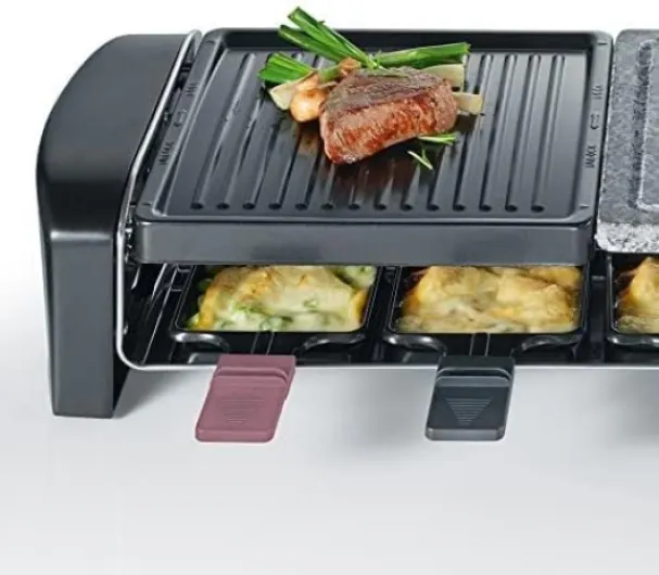 Appareil Ã€ Raclette Pour 8 Personnes, Plaque De Cuisson Avec Pierre Naturelle Et Plaque En Fonte Antiadhésive, Gril Raclette 1 400W, Noir, RG 9645 41 x 21 cm