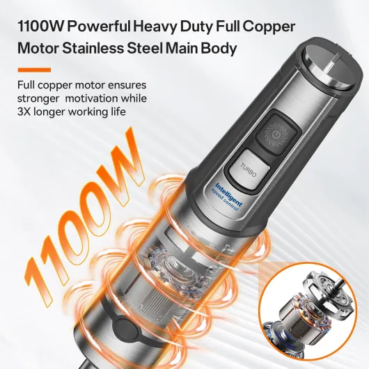 Anybear Mixeur Plongeant, 1100W Mixeur à Main 2-en-1 avec Moteur en Cuivre Pur & Corps en Acier Inoxydable, 15 Vitesses + Mode Turbo, Lame Anti-Rayures, Accessoire Batteur Inclus Gray