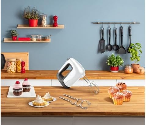 Batteur électrique, 500 W, 5 vitesses, Réglage Turbo, 2 fouets + 2 pétrins en acier inoxydable, Idéal pour les préparations légères et épaisses, Prep'Mix+ HM460110 500W - Blanc