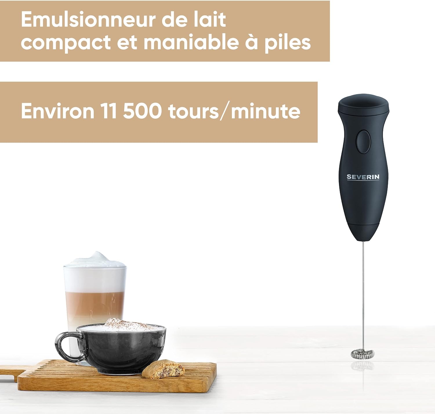 Mousseur à lait avec fouet inox, Emulsionneur de lait compact, Mousseur de lait électrique fonctionnant avec deux piles AA fournies, noir/inox, SM 3590