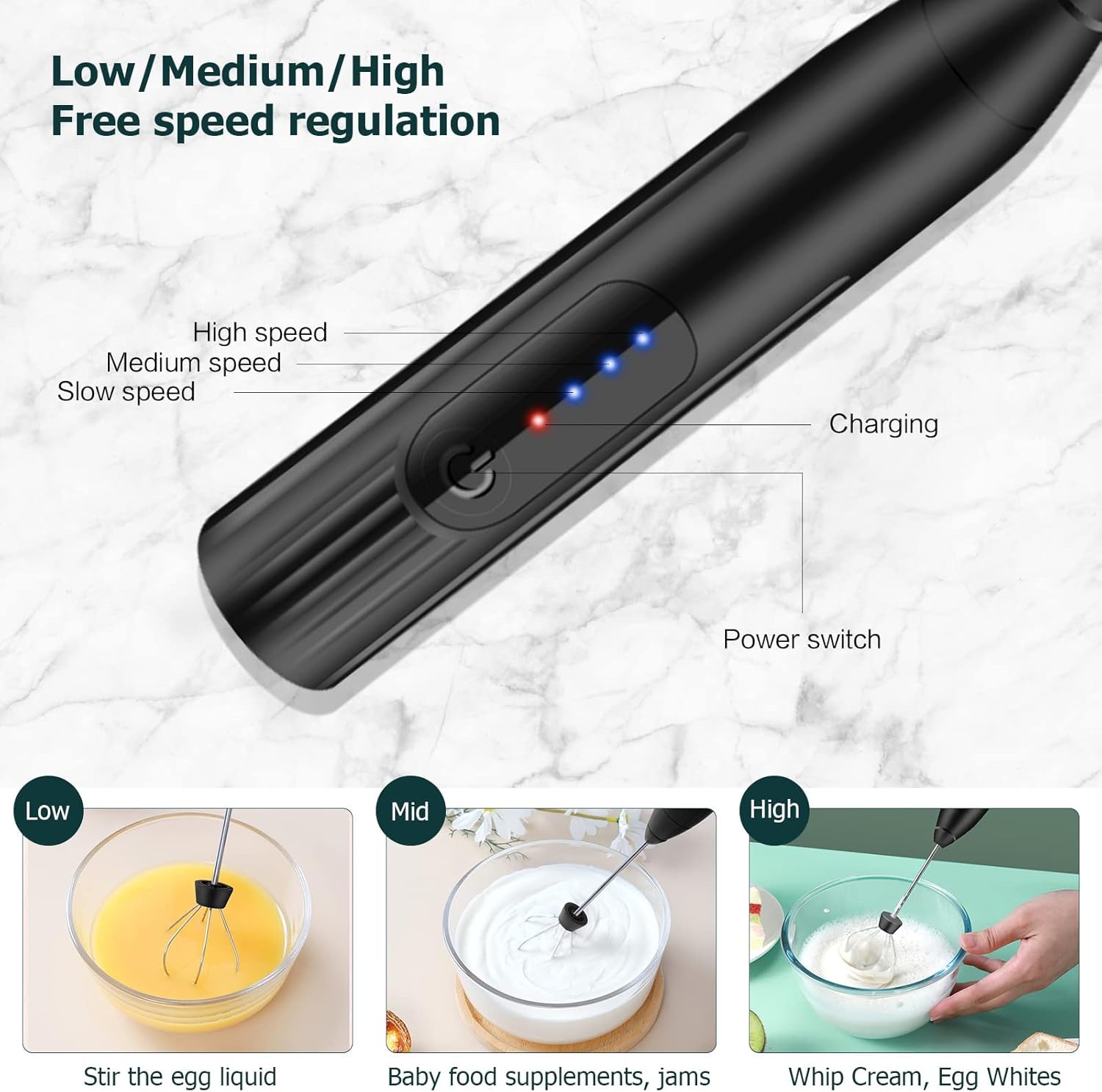 Mousseur à lait électrique USB Rechargeable, 3 Vitesses Petit Mixeur avec 2 têtes Mini Fouet Matcha, Café et Lait, Portable Batteur Electrique Cuisine, Acier Inoxydable Milk Frother Mélangeur Biberon Noir