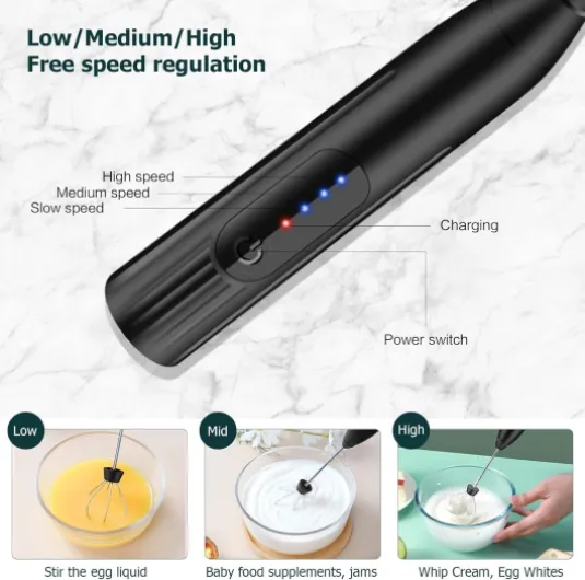 Mousseur à lait électrique USB Rechargeable, 3 Vitesses Petit Mixeur avec 2 têtes Mini Fouet Matcha, Café et Lait, Portable Batteur Electrique Cuisine, Acier Inoxydable Milk Frother Mélangeur Biberon Noir