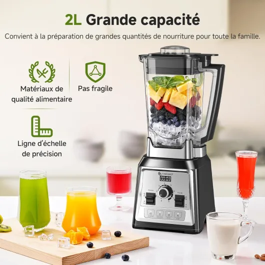 Blender Professionnel, 2000W Blender Smoothie avec 8 Lames 3D en Acier Inoxydable, 2L Mixeur Blender Sans BPA - 25000 tr/min - 4 Fonctions Électroniques Prédéfinis - Régulateur à 8 Vitesses Noir