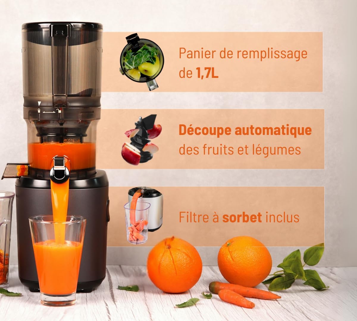 Extracteur de jus Mains libres AUTO6 - Découpe automatique des fruits et légumes entiers - Panier 1,7L - Nettoyage facile - Anthracite Gris Mat