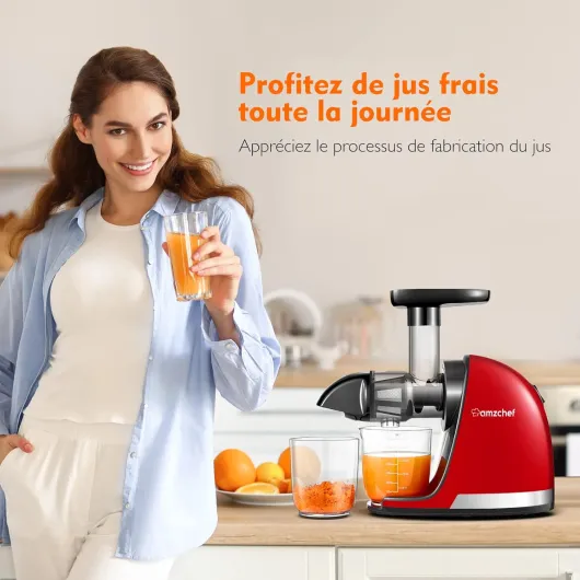 Extracteur Jus - Extracteur de Jus de Fruits et Légumes - Presses-agrumes à Froid avec 2 Tasses et Brosse - Fonction de Mastication Inversée pour Éviter les Blocages - Rouge Medium Rouge Cerise