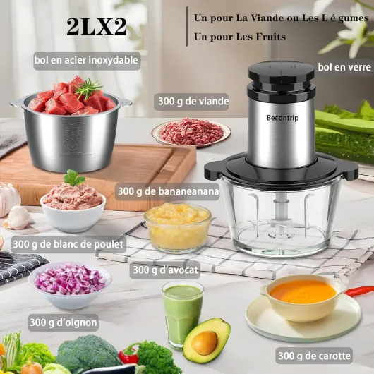 Becontrip Hachoir Électrique, 500W Mixeur Hachoir 2L avec Moteur en Cuivre & Double Bols (Verre + Acier Inox), 4 Lames Amovibles, 2 Vitesses Réglable Food processor pour Viande/Légumes/Fruits/Cuisine
