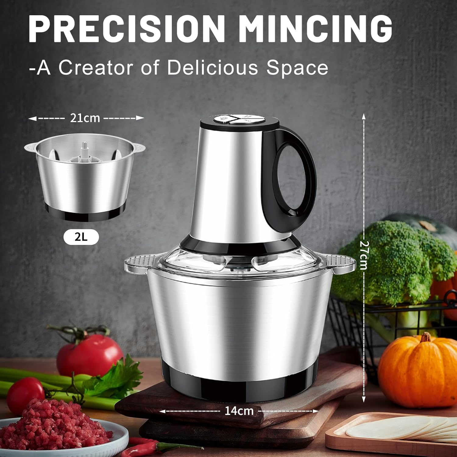 Hachoir électrique 600 W, bol en acier inoxydable de 2 l, 3 vitesses, pour la viande, les légumes, l'ail, les noix