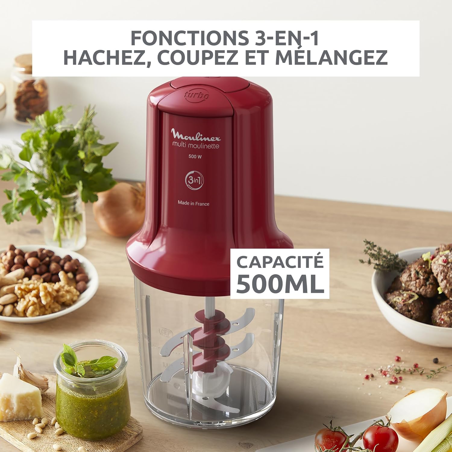 Multi Moulinette Hachoir électrique, 500 W, 500 ml, Émince, Hache, Mixe, 6 lames, 2 vitesses, Facile à utiliser, Compatible lave-vaisselle, Rouge, AT714G32 Rouge Rubis