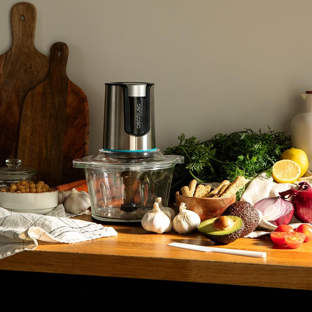 Cecotec Hachoir Électrique d'Aliments Picadora ChopBeat 2000 Delhi Glass - 500 W, Hache, Coupe et Broye la Viande, les Légumes et la Glace, 4 Feuilles en Acier Inoxydable, 2 Vitesses, Bol de 500 gr Verre Delhi