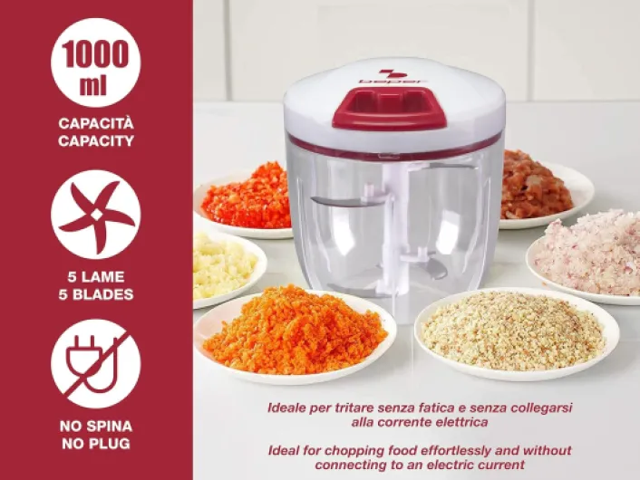 C107UTT002 Hachoir Manuel avec Corde, Acier Inoxydable/ABS, Blanc/Rouge