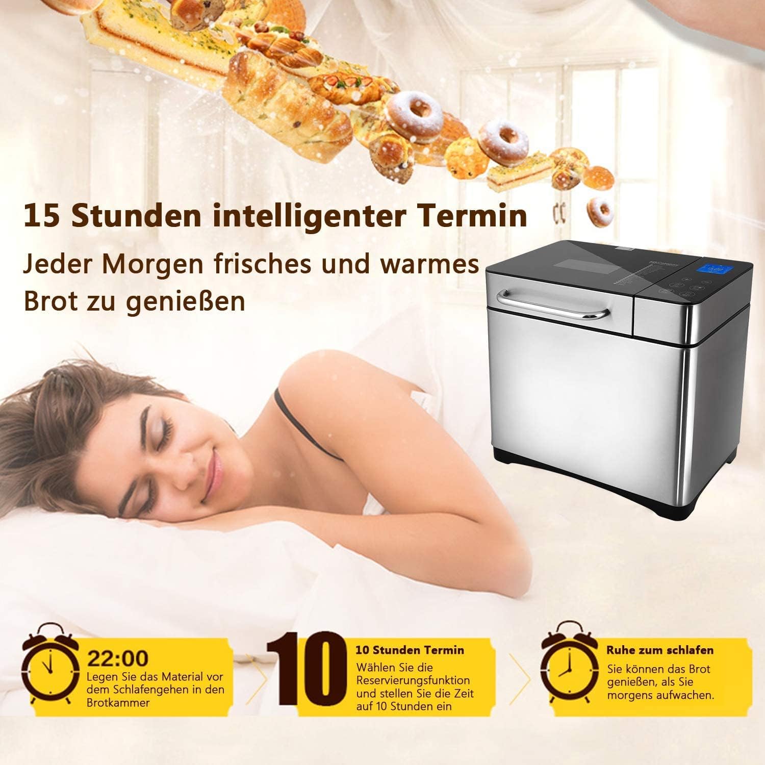 Machine à pain en acier inoxydable - 19 programmes de cuisson - Entièrement automatique - Pour 500 g, 750 g, 1000 g - 15 heures - Fonction de maintien au chaud - 710 W