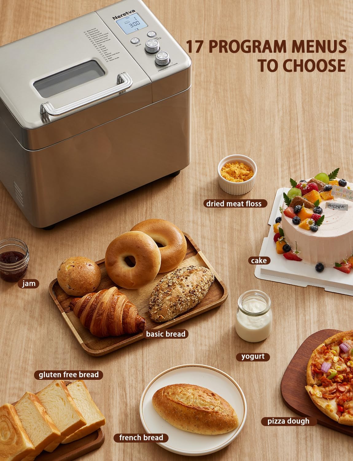 Neretva Machine a Pain, 17 Programmes & 2.2 LB Machine à Pain Plat En Céramique Anti-adhésif & Double Chauffage Acier Inoxydable Distributeur de Noix en Fenêtre Visible – Sans Gluten/Pain Au Levain Argent