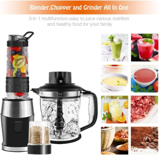 Blender Mixeur 3-en-1, 700W Blender Smoothie 24000 tours/min, avec pot de 1,2 L/bouteille de sport de 570 ml/tasse de broyage de 300 ml, sans BPA