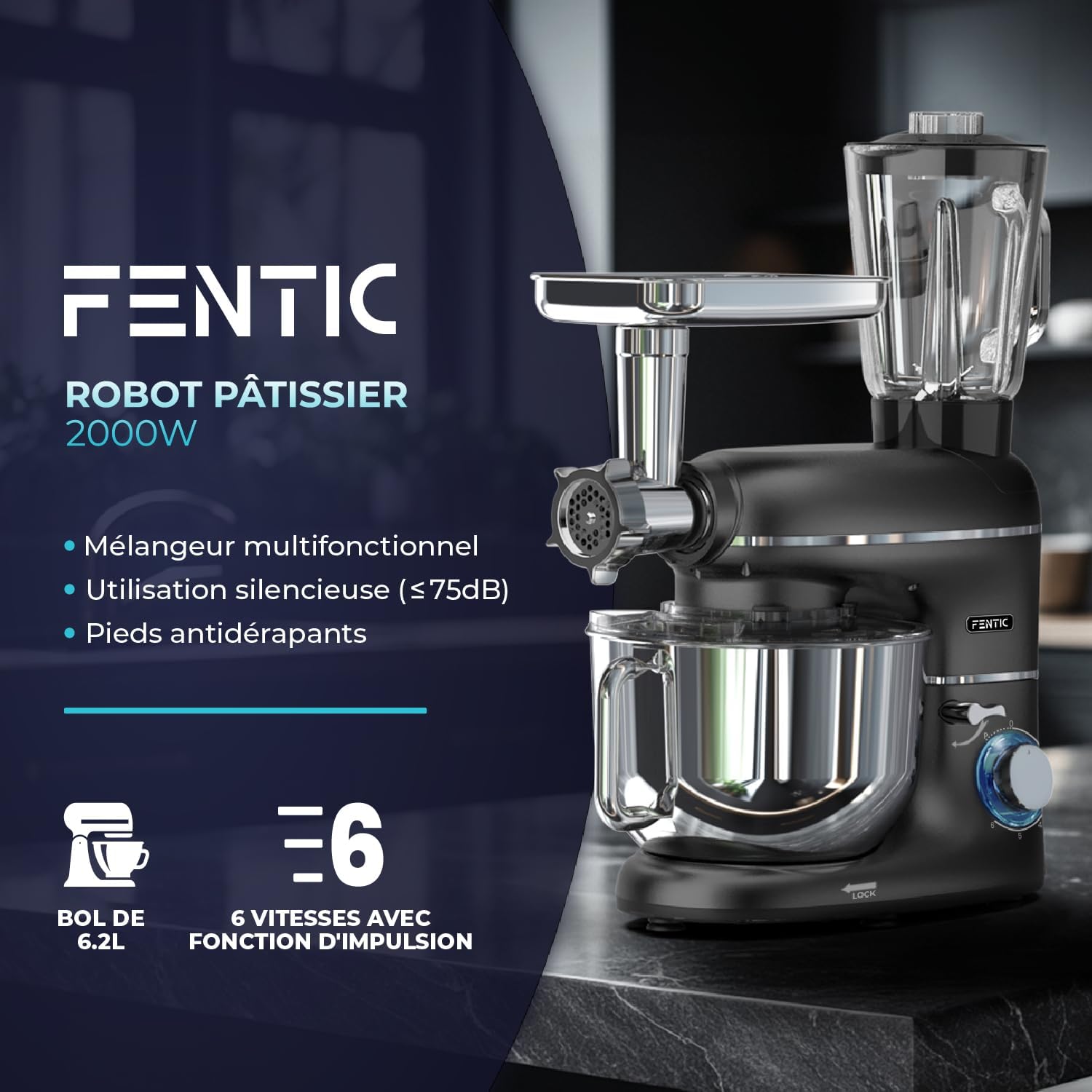 Fentic 6 en 1 Robot Pâtissier – 2000W - Av - Hachoir à Viande, Mixeur 1,5L, Cutter, Accessoires – Robot Cuisine Multifonctions Av - 6,2L Bol Mélangeur, Fouet, Crochet Pétrisseur, Batteur (Noir)