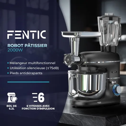 Fentic 6 en 1 Robot Pâtissier – 2000W - Av - Hachoir à Viande, Mixeur 1,5L, Cutter, Accessoires – Robot Cuisine Multifonctions Av - 6,2L Bol Mélangeur, Fouet, Crochet Pétrisseur, Batteur (Noir)