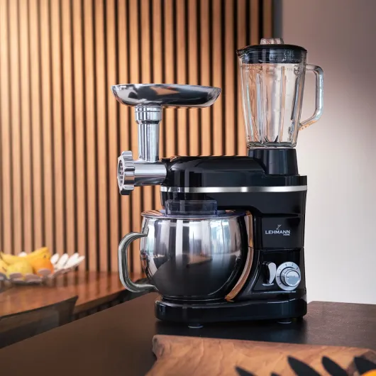 Machine de cuisine universelle 3 en 1 - Avec système de battement planétaire - Multifonctionnelle avec hachoir à viande - Presse-agrumes de 1,5 L - Bol en acier inoxydable de 5 L (Noir)