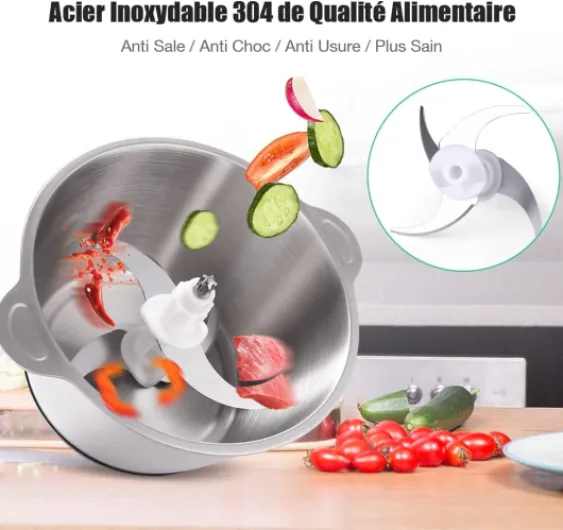 Hachoir Électrique Avec Bol Acier Inox 2L, Hachoir à Viande 350W Avec 4 Lames Amovibles pour Hacher Viande, Oignon, Herbes, Fruit Sec Rapide et Sans Efforts