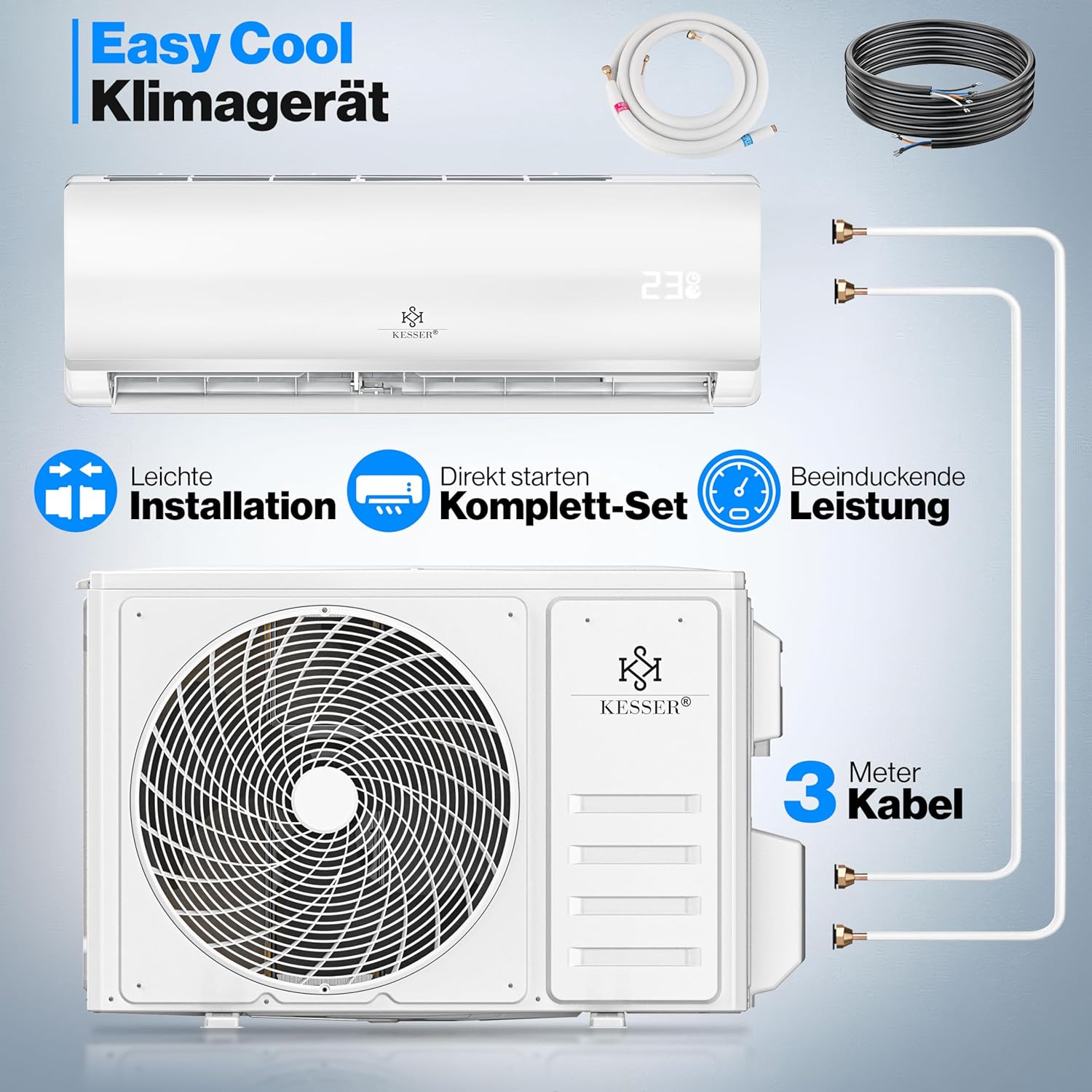 KESSER® Climatisation SET réversible - Climatiseur avec fonction WiFi/Application - Refroidissement A++/ Chauffage A+, Fluide réfrigérant R32 - Écran LCD, Split 12000 BTU/h / 3400 Watt