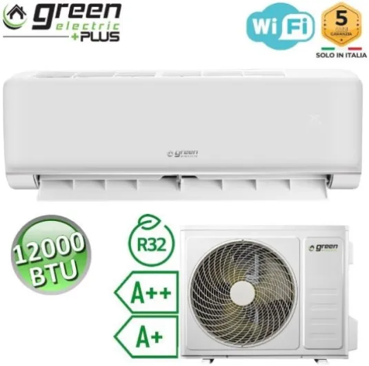 Climatiseur Mono Split Green Electric Plus 12000 BTU WiFi Efficacité Énergétique A++/A+ 3,5 kW, Climatiseur Mural à Faible Consommation avec Inverter Pompe à Chaleur et Unité Extérieure