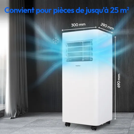 Climatiseur Mobile E701 (7000 BTU, 3-en-1, Refroidir, Déshumidification, Ventilation, jusqu'à 25m², kit de joint de fenêtre, mode sommeil, contrôle Télécommande, Écran, MD 37730) Télécommande 7.000 BTU