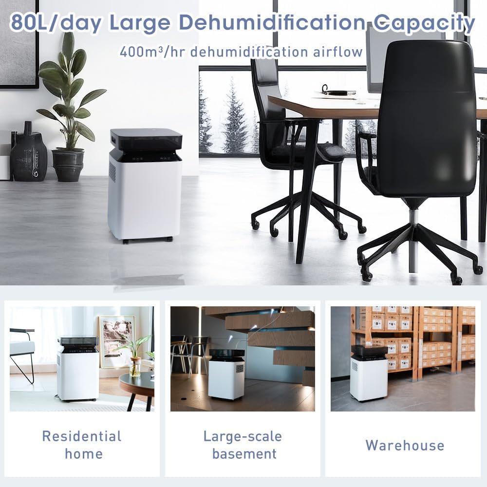Katenpo Déshumidificateur Électrique Grande Capacité: 80L/Jour Grande Capacité, Couvre 170m², Pompe de Relevage, Double Ventilation, Silencieux 46dB, Pour Cave/Bureau/Garage/Cuisine/Salle de Bain Noir/Blanc