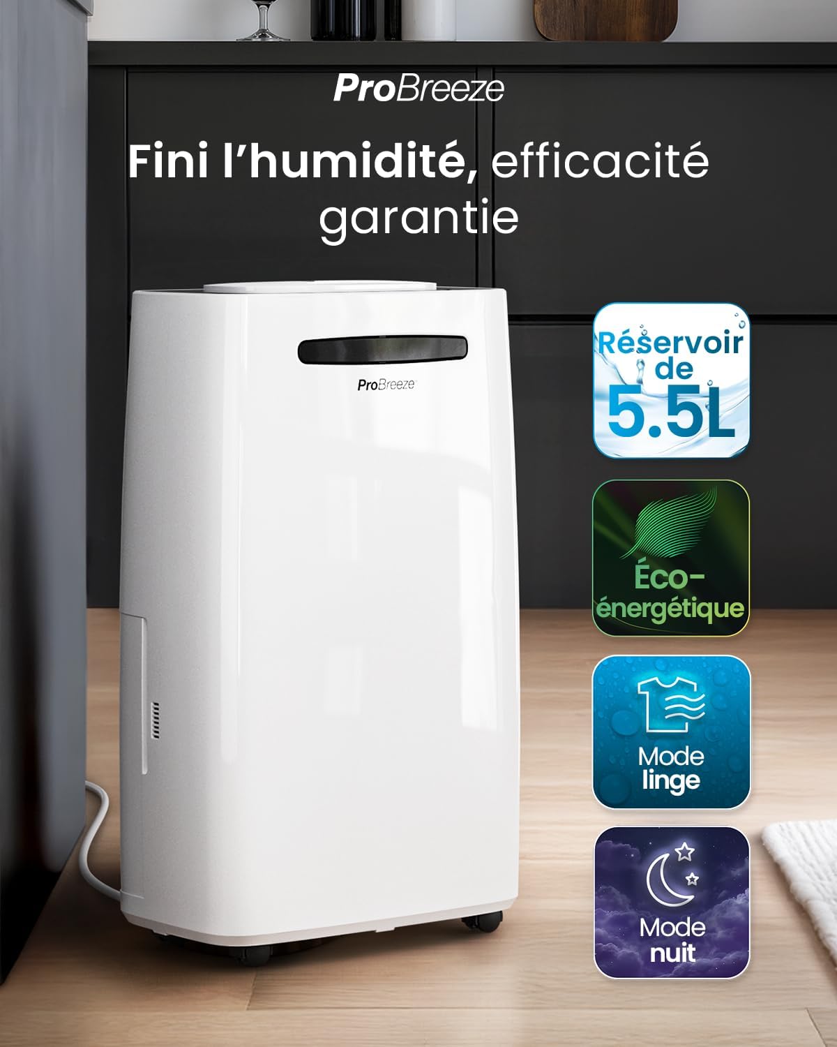 Déshumidificateur d Air 20L/jour - Sèche-linge, Drainage continu, Minuterie 24h, Grand Réservoir 5,5L - Absorbeur d'Humidité Automatiqu, Éliminateur de Moisissure -pièces jusqu'à 53 m²