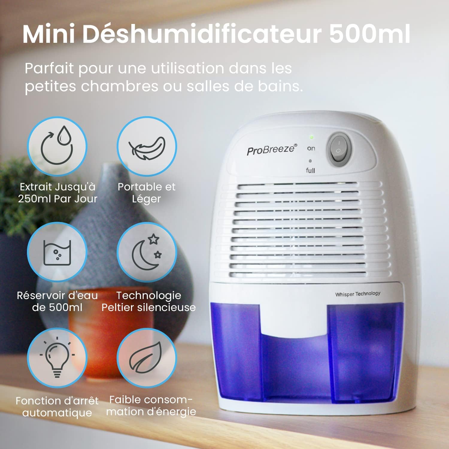 Mini Déshumidificateur d'Air Compact 500 ml - Absorbeur d'Humidité et Moisissures - Cuisine, Chambre, Salle de Bain, Bureau