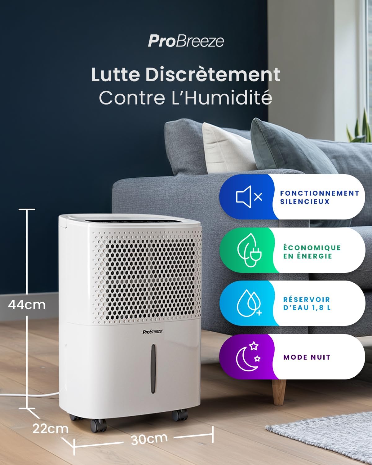 Déshumidificateur d'Air Silencieux 12L/Jour - Absorbeur d'Humidité - 40 dB, Réservoir 1,8L, Drainage Continu, Minuterie 24h, 3 Modes- Idéal Contre l'Humidité & Moisissure
