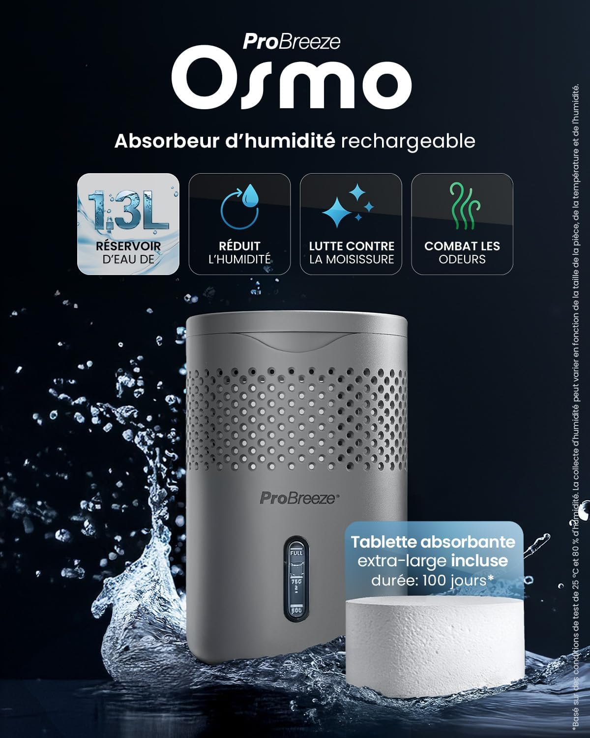 Osmo Deshumidificateur d Air, Absorbeur d'Humidité – Silencieux & Réutilisable contre l’Humidité – Avec Recharge – Sans Électricité pour Maison Chambre Voiture Salle de Bain Gris
