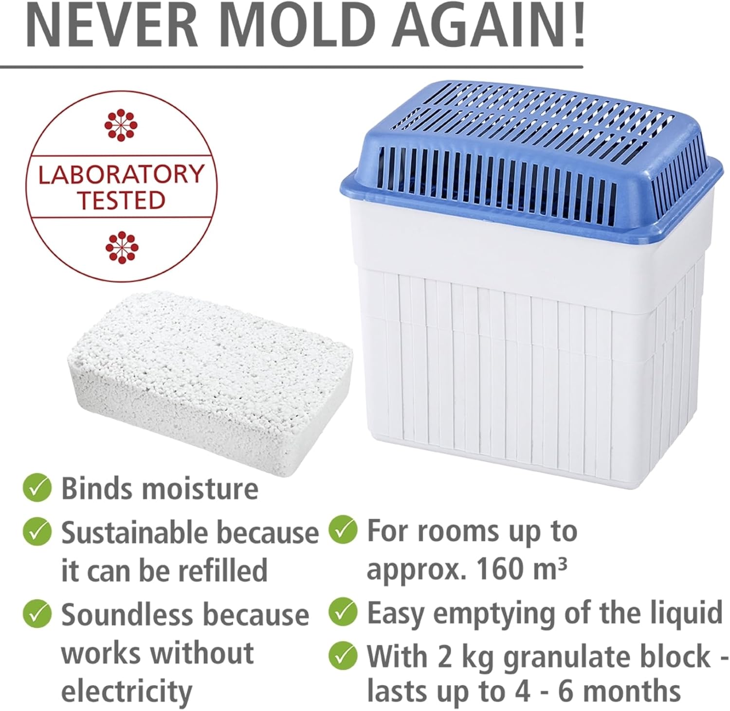 Déshumidificateur d'air, absorbeur d'humidité, 2kg - Antimoisissures 4 à 6 mois jusqu'à 50m² - 5.5x23x24 cm - Blanc bleu Tueurs d'humidité 2 KG