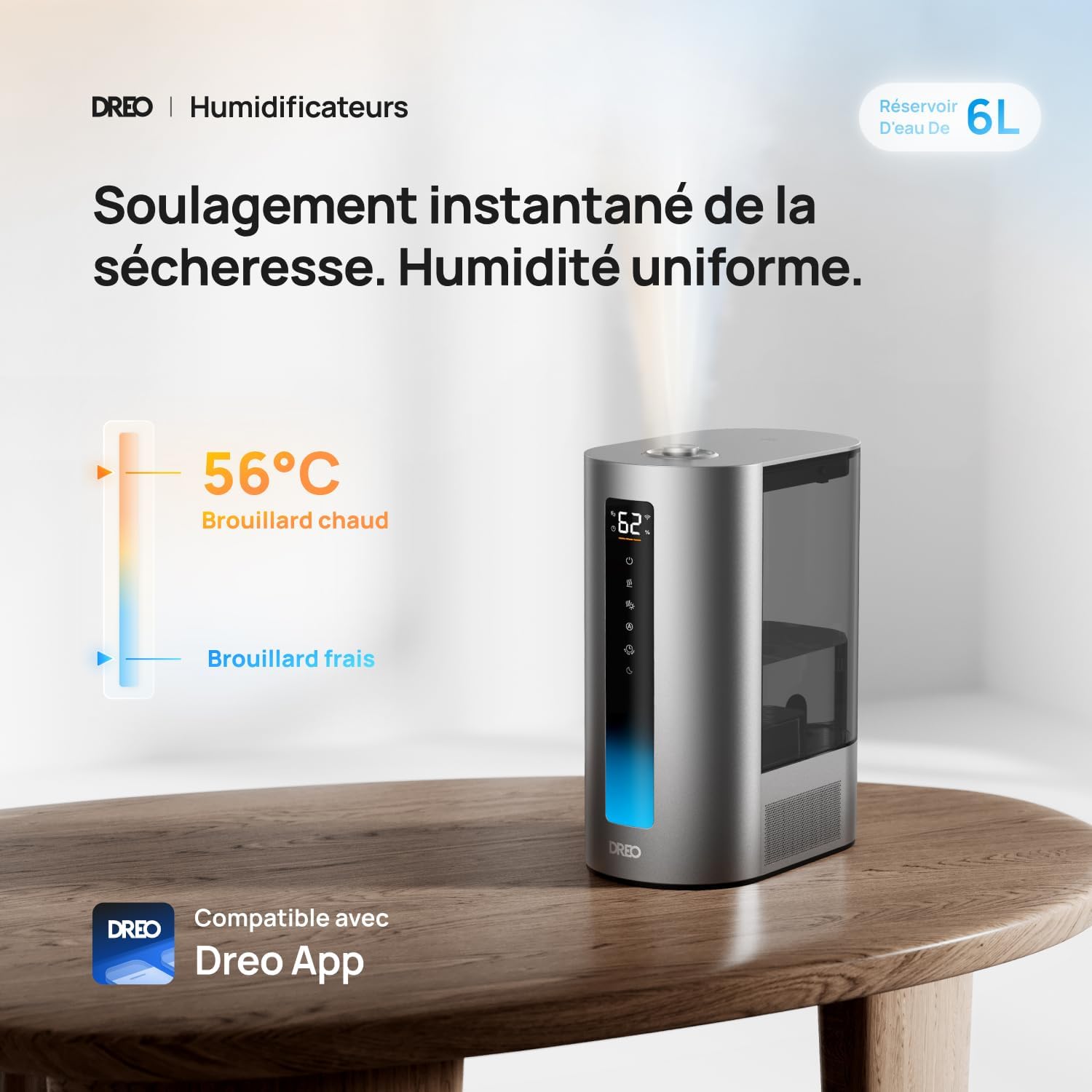 6L Humidificateur chambre à coucher, intelligent, brume chaude/froide, pour plantes et bébé, remplissage par le haut, 60H d'autonomie, silencieux, avec minuterie, compatible Google/Alexa, HM713S Argenté