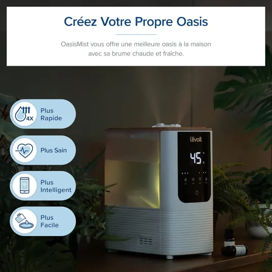 Humidificateur d'Air Intelligent WIFI 4.5L Top-Fill, 26dB Ultra Silencieux, 45H d'Autonomie, avec Veilleuse Ajustable, Brume Froide et Chaude, Diffuseur 2 en 1 OasisMist 450S