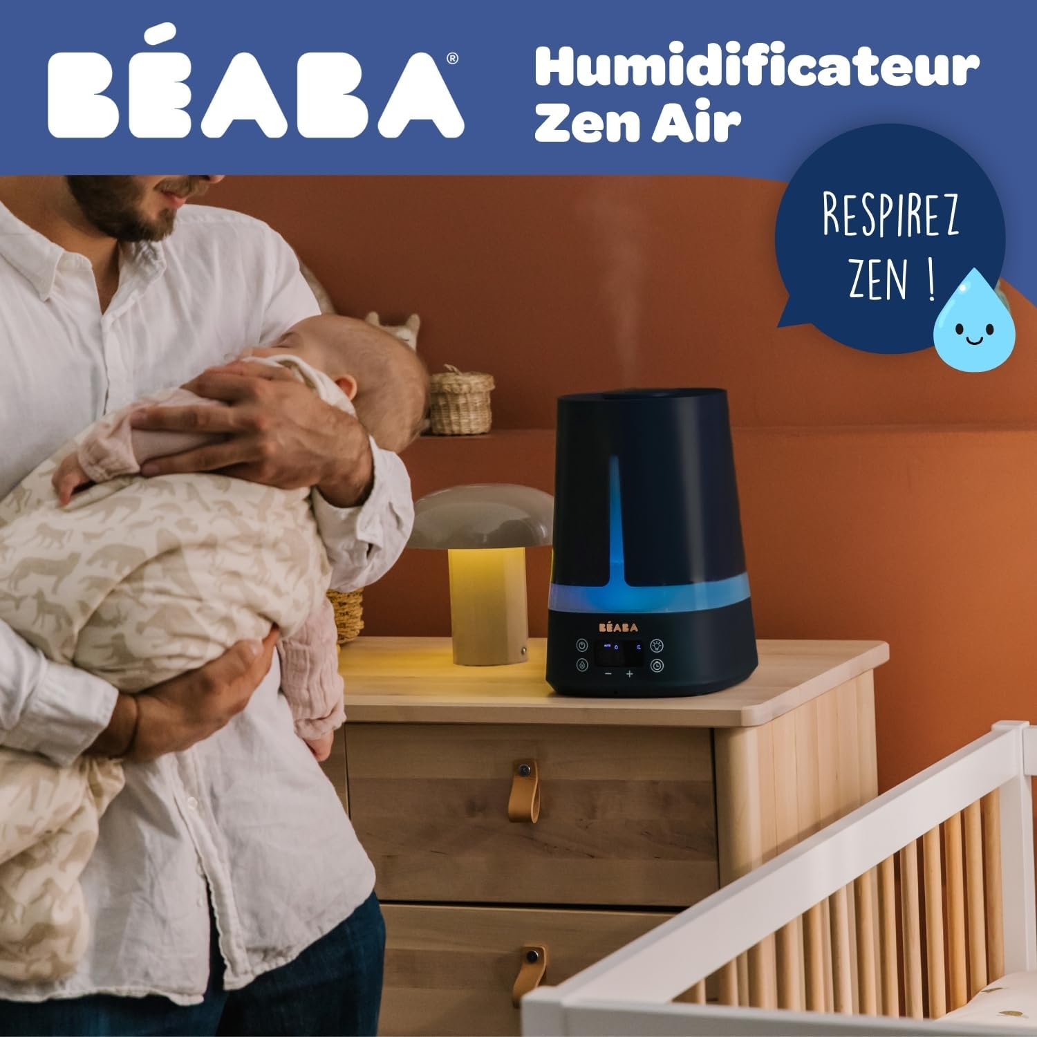 BÉABA, Humidificateur d'Air Chambre Bébé, 4L, 27h Autonomie, Silencieux, Veilleuse 7 couleurs 3niveaux luminosité, Buse 360°, 2 Modes, Ecran LED, Minuteur, Night blue
