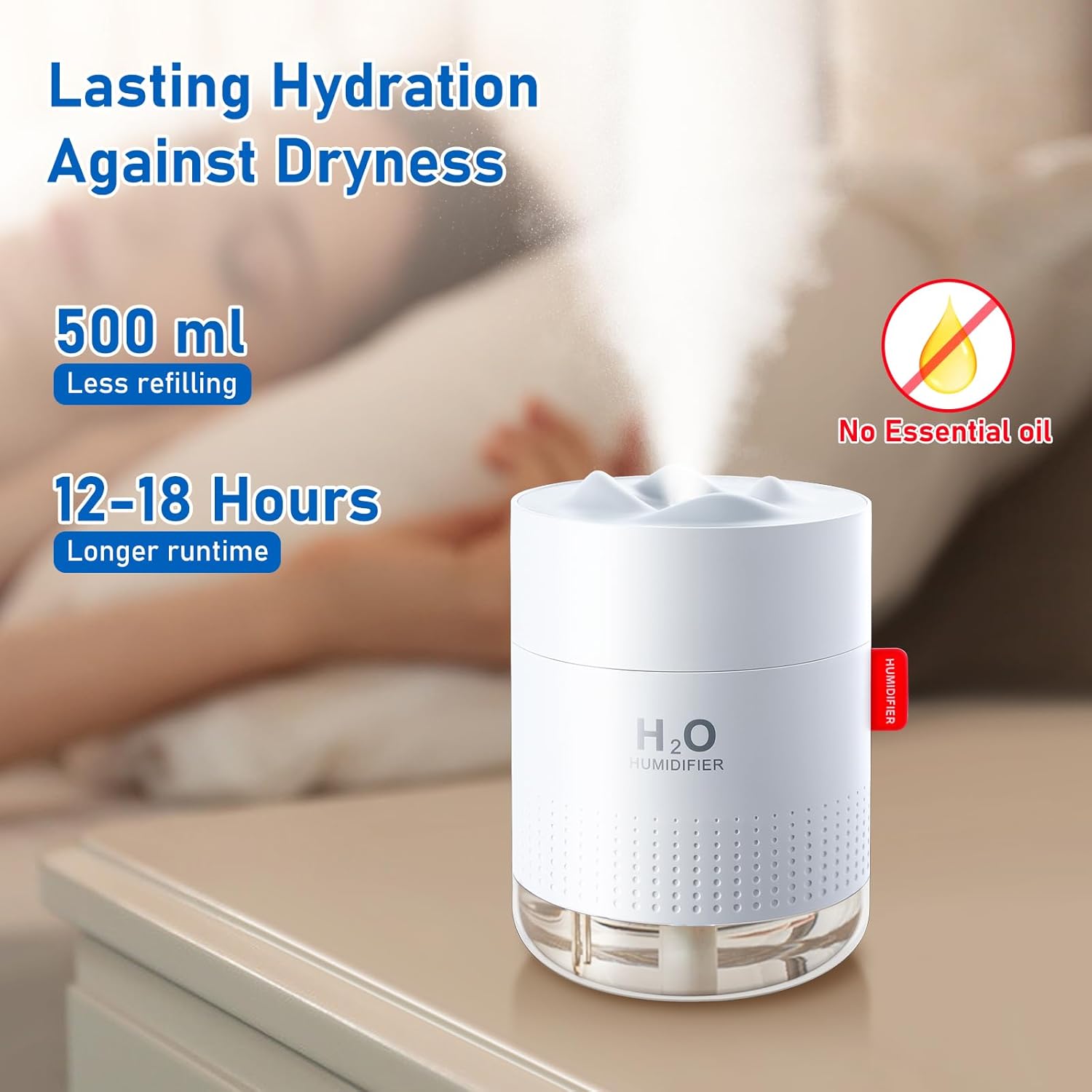 Humidificateur d'Air 500ml Ultra Silencieux – Humidificateur d'Air Bébé et Chambre, Portable USB avec LED Veilleuse, Arrêt Automatique sans Eau, Idéal Chambre Bébé, Salon, Bureau et Enfants Blanc