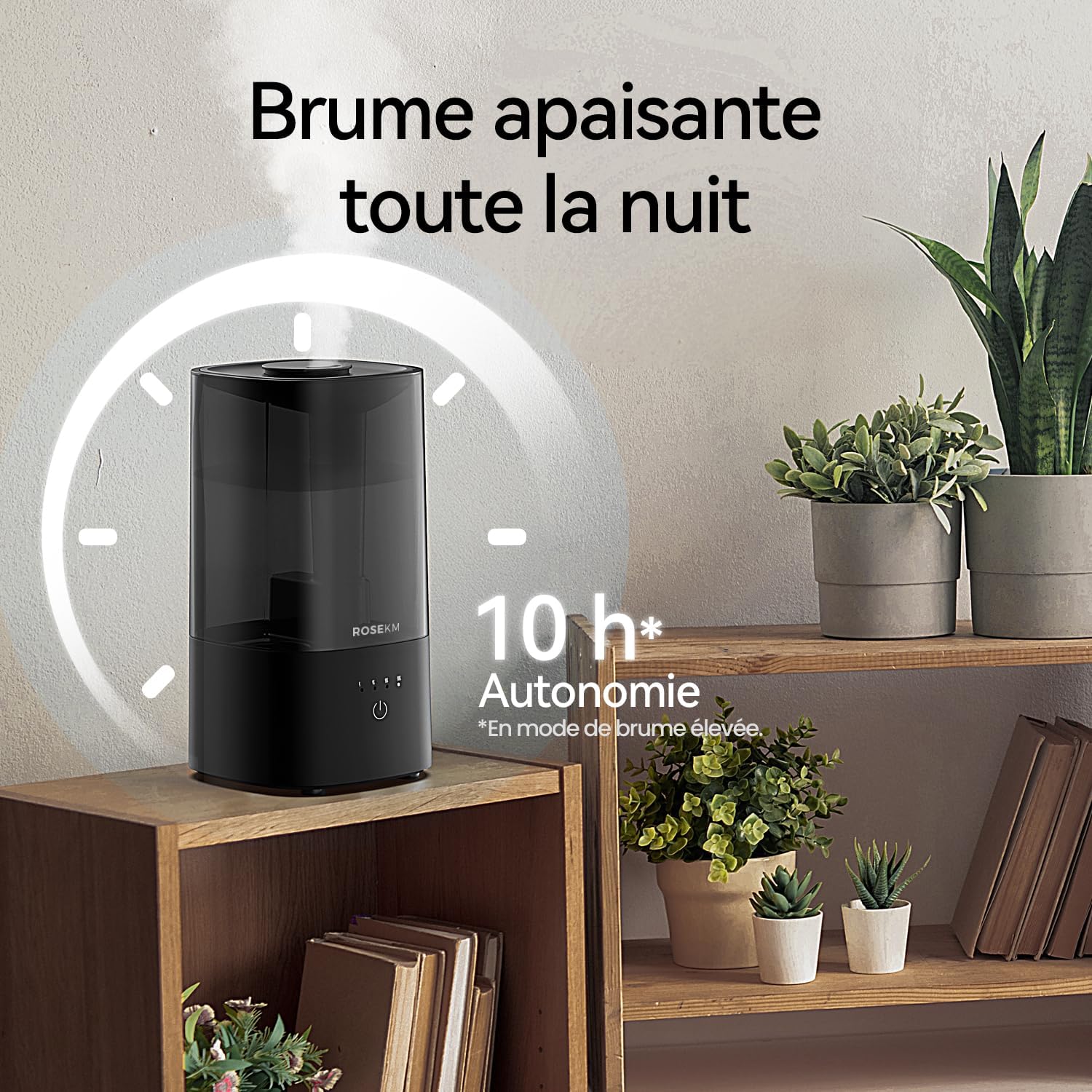 Rosekm Humidificateur de Chambre – Humidificateur à Ultrasons Silencieux à Brume Froide pour Plantes, Bébé, Chambre, avec Buse Rotative 360°, Sans Filtre, Arrêt Automatique, Noir 2 L - Noir