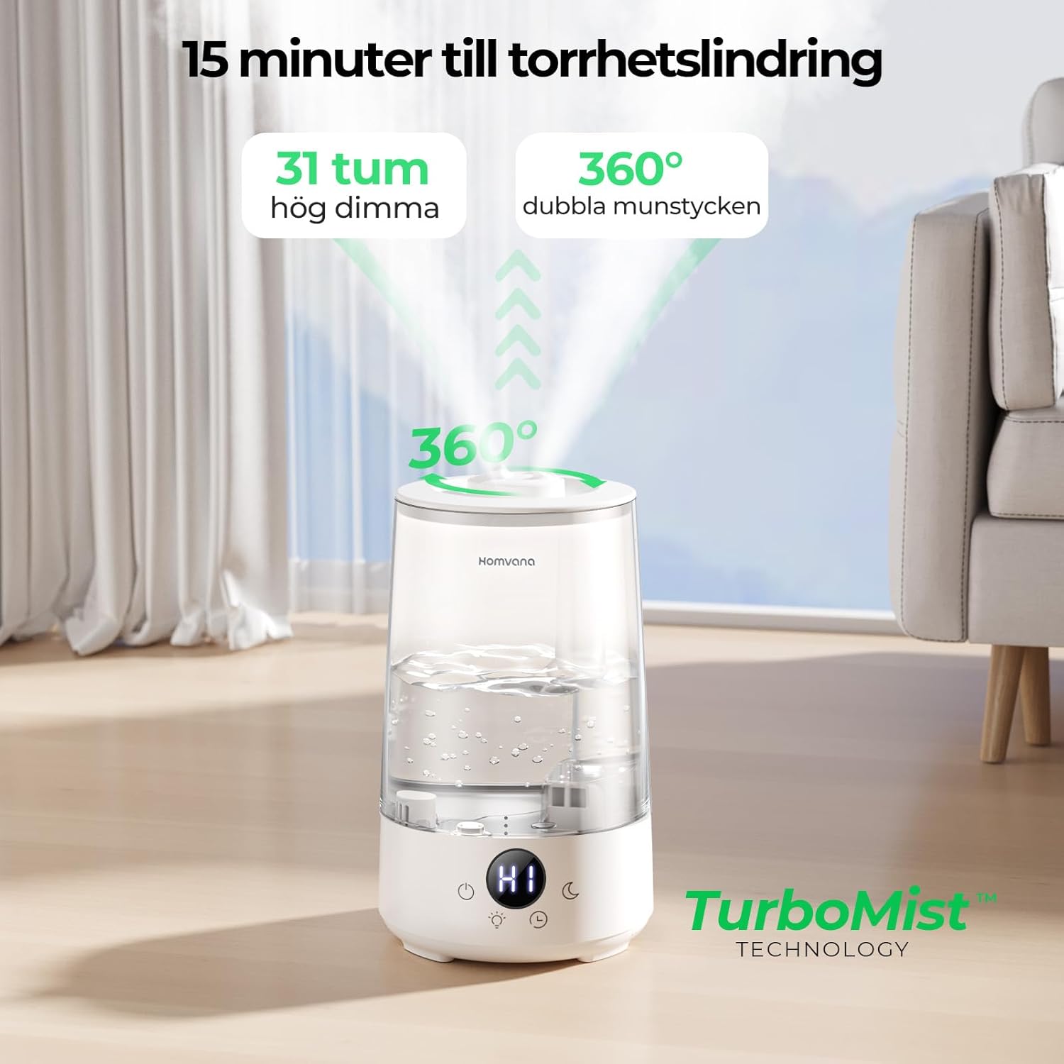 Homvana Top-Fill Humidificateur d'air pour chambre à coucher, 3,6 litres, 360 degrés, brume froide, 34 h, durable, silencieux 16 dB, petit diffuseur d'huiles essentielles (Transparent)