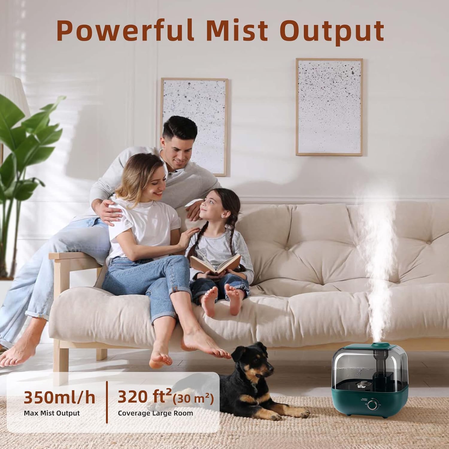 BEAR Humidificateur 5L à Remplissage par Le Haut, 28 dB Ultra Silencieux Pour Bébés et Plantes, Fonctionne Jusqu'à 35 Heures, avec Plateau D'arômes, Buse à Vapeur Rotative à 360°, Arrêt Automatique