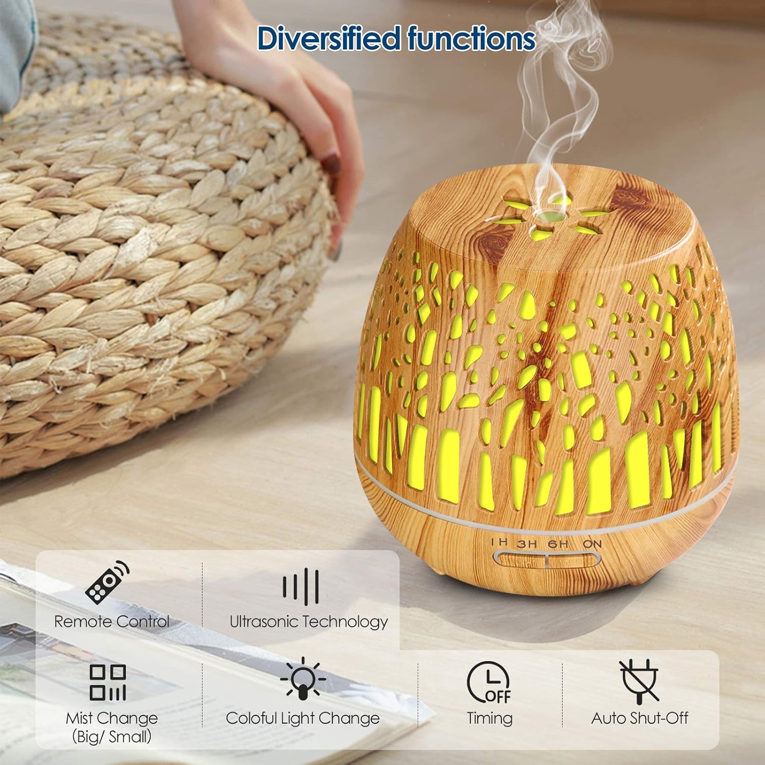 Simpeak Diffuseur d'Huiles Essentielles 400ml, Télécommande d'humidificateur Ultrasonique sans BPA avec Lumière LED à Couleurs Variables 3 Minuterie pour la Maison/Yoga/Bureau/Spa - Bois