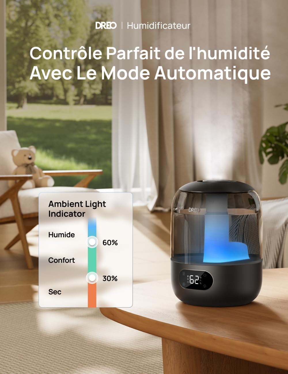 3L humidificateur d'air bébé Silencieux 26dB, Ultrasonique Brume Fraîche, Buse 360°, 30H Autonomie, Diffuseur d’Huiles Essentielles, Lumière Ambiance, pour Maison, Plantes, Noir