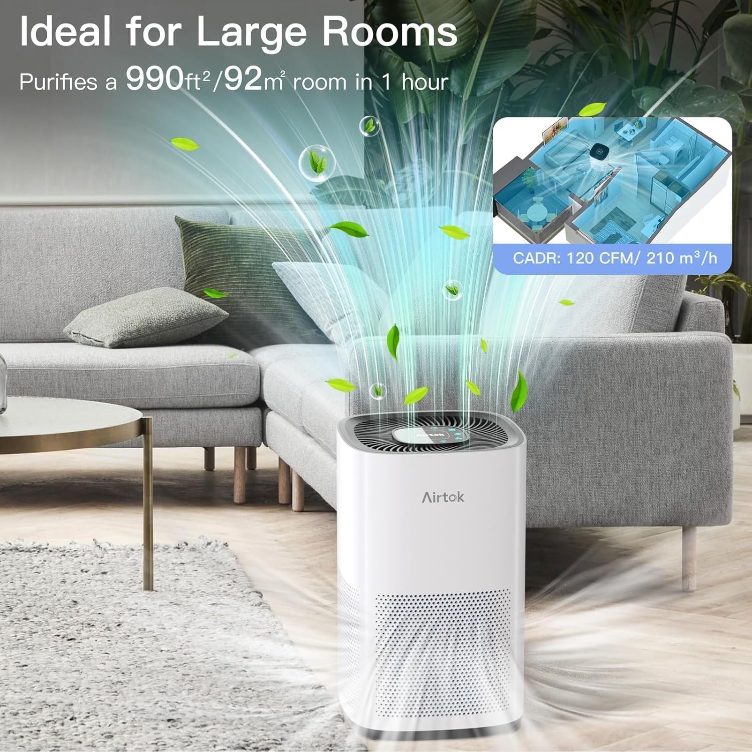 Purificateur d'air, Air Purifier avec Filtre H13, Jusqu'à 990 Ft², HEPA Purificateur éliminant 99,97% de la poussière, de la Fumée, les Poils d'Animaux, Pollen, veilleuse, Timer, AP1001 CADR 230 m3/h