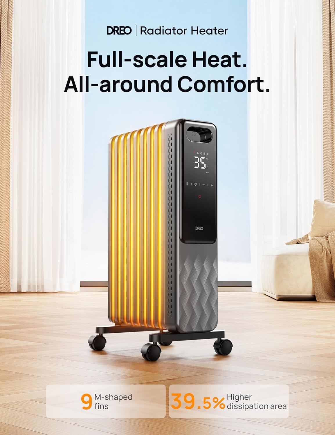 Radiateur à bain d'huile 2000W, 9 éléments Mobile Chauffage électrique avec Thermostat, 4 Modes, Protection anti-basculement et anti surchauffe, Chauffage d'Appoint Portable, Minuterie 1-24 h