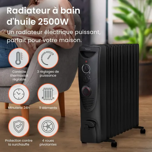 Radiateur à bain d'huile 2500W, 11 éléments - Chauffage électrique portable avec Minuterie intégrée, 3 niveaux de chaleur, Thermostat réglable, Caractéristiques de sécurité intégrées - Noir