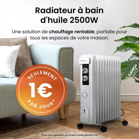 Radiateur bain d'huile 2500W, 11 éléments - Radiateur électrique mobile - Chauffage avec Minuterie 24 heures intégrée, 3 niveaux de chaleur, thermostat réglable, arrêt de sécurité Blanc