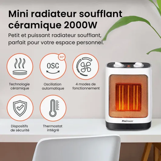 Radiateur soufflant Céramique 2000 W - Chauffage d'appoint mobile - Oscillation Automatique - 2 Réglages de Température - Blanc 2000w – Pro – Blanc