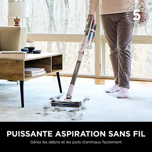 PowerPro Aspirateur sans Fil, Technologie FloorDetect, Anti-emmêlement, Système Anti-allergène, Léger, Flexible, Mode Portatif, 50 Min d’autonomie, Bac à poussière XL, Java Métallisé IZ380EUT Shark PowerPro avec embout anti-poils d’animaux