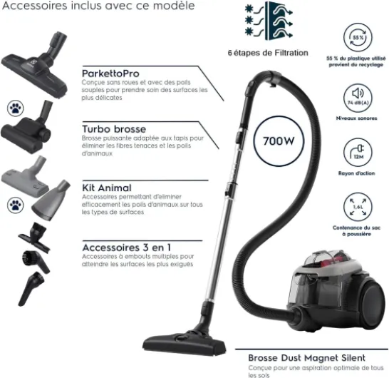 Animal 600 EL61A4UG, Aspirateur Traineau sans Sac, Accessoires Poils d'animaux, 6 étapes de Filtration, Gain de Place, Technologie Cyclonique, 55% de Matériaux Recyclés, Gris Noir