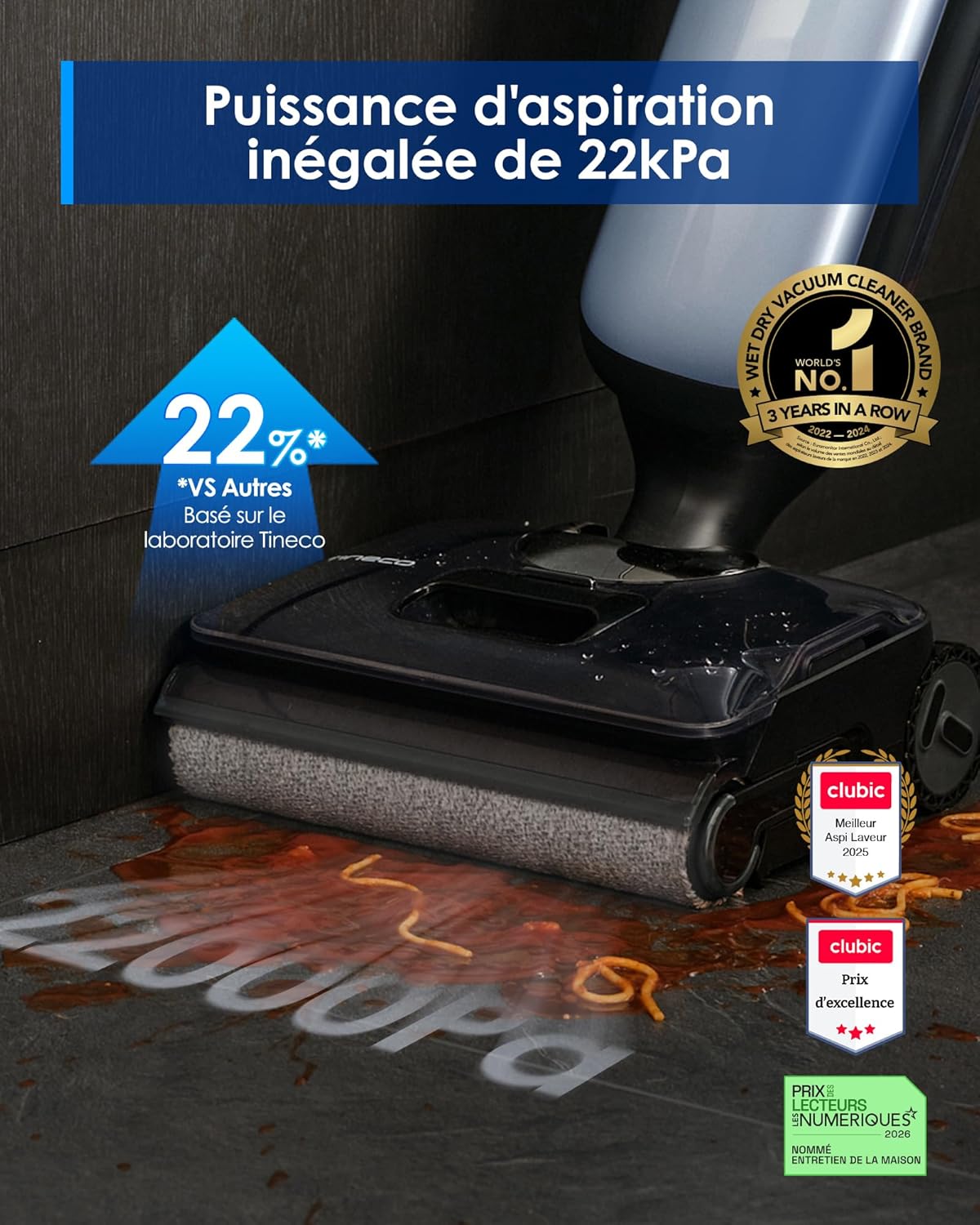 Floor One S9 Artist Aspirateur Laveur, 22 kPa d'aspiration, 360° SmoothDrive, Design Anti-emmêlement, 50 Min d'autonomie, Nettoyage des Bords des 2 côtés, s'aplatit à 180°, Flashdry à 85°C