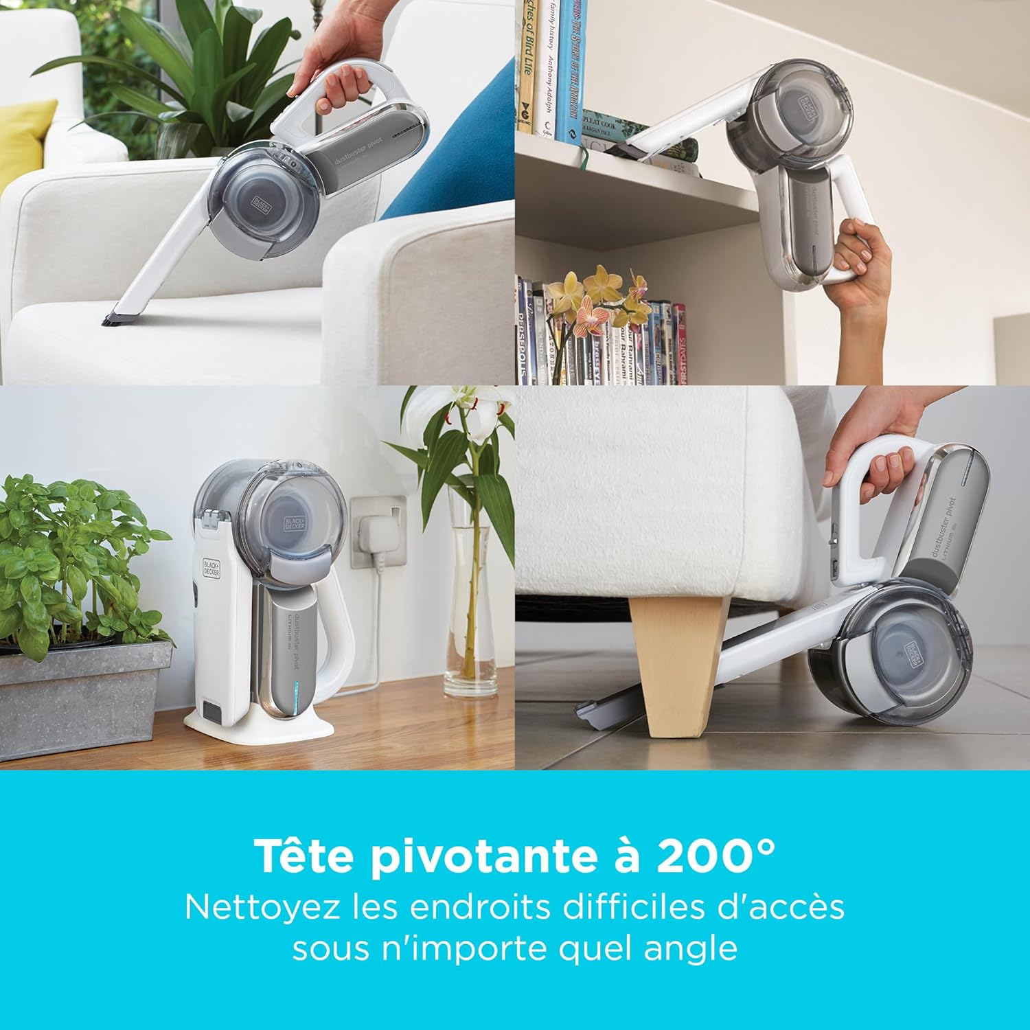 BLACK+DECKER Aspirateur à Main sans Fil 18 V avec tête pivotante, 8 Positions de Nettoyage, Station de Charge et Accessoires, PV1820L-QW